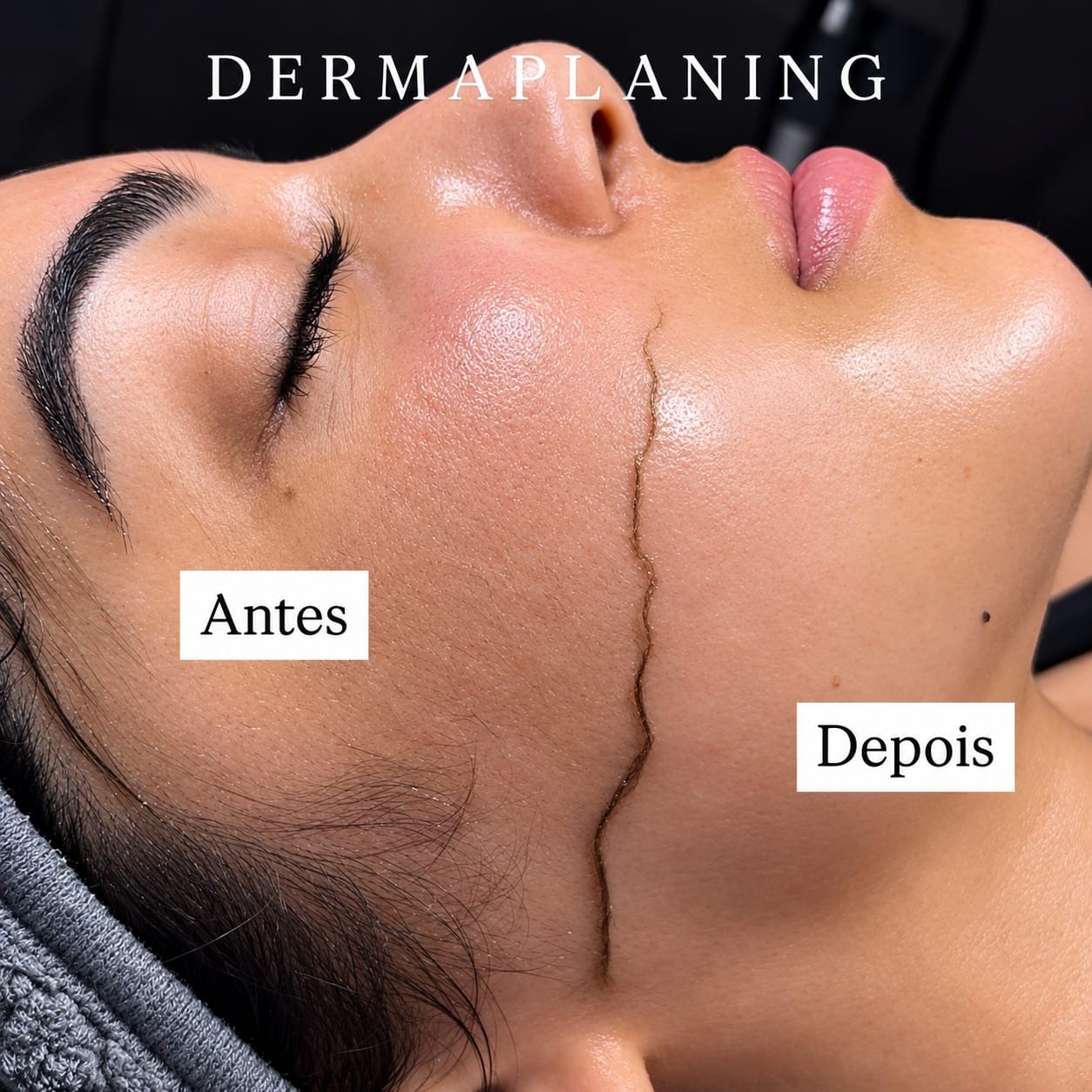 Dermaplaning facial: antes e depois em uma metade do rosto